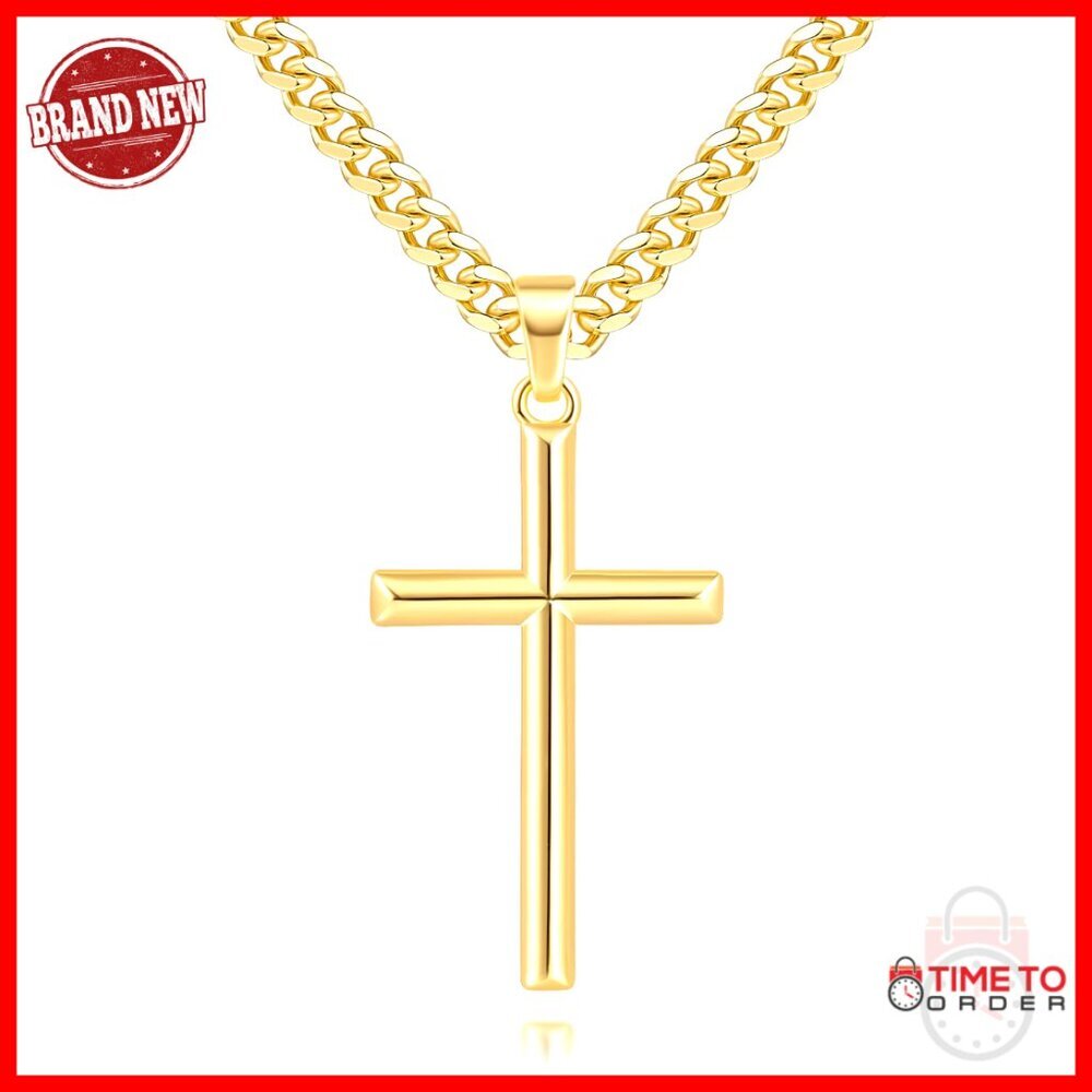 14K Gold Plated Cross Pendant Necklace for Men with 4mm Cuban Chain